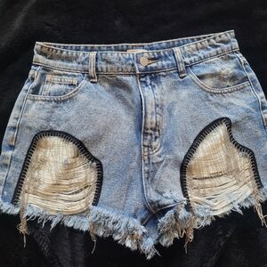 POL Distressed Denim Metal Fringe Shorts. NWOT Sz M